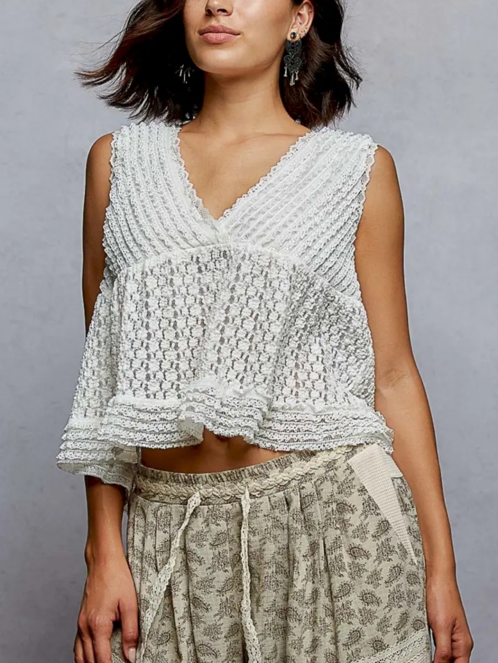 NS95. POL Ivory Crocheted V-Neck Peplum Tank Top